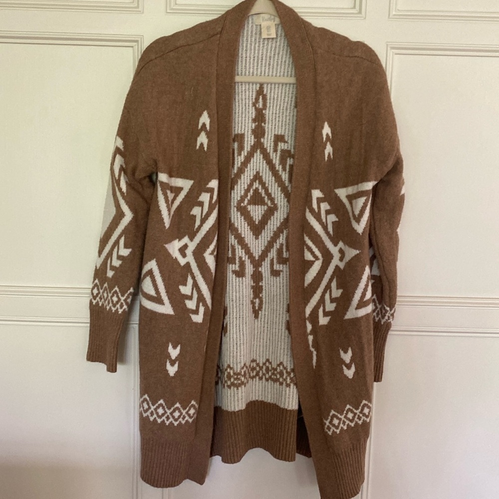 Boho long open cardigan sweater brown and white. Size S